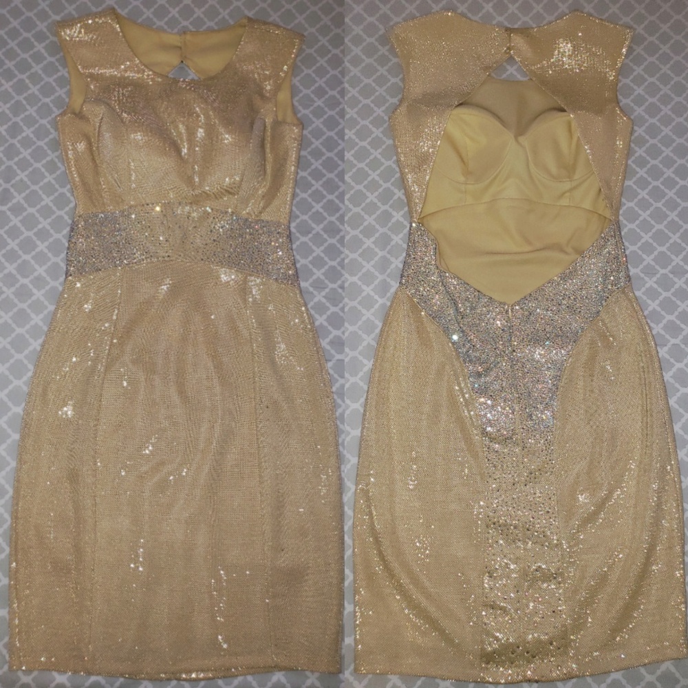 Swavroski crystal backless gold mesh dress